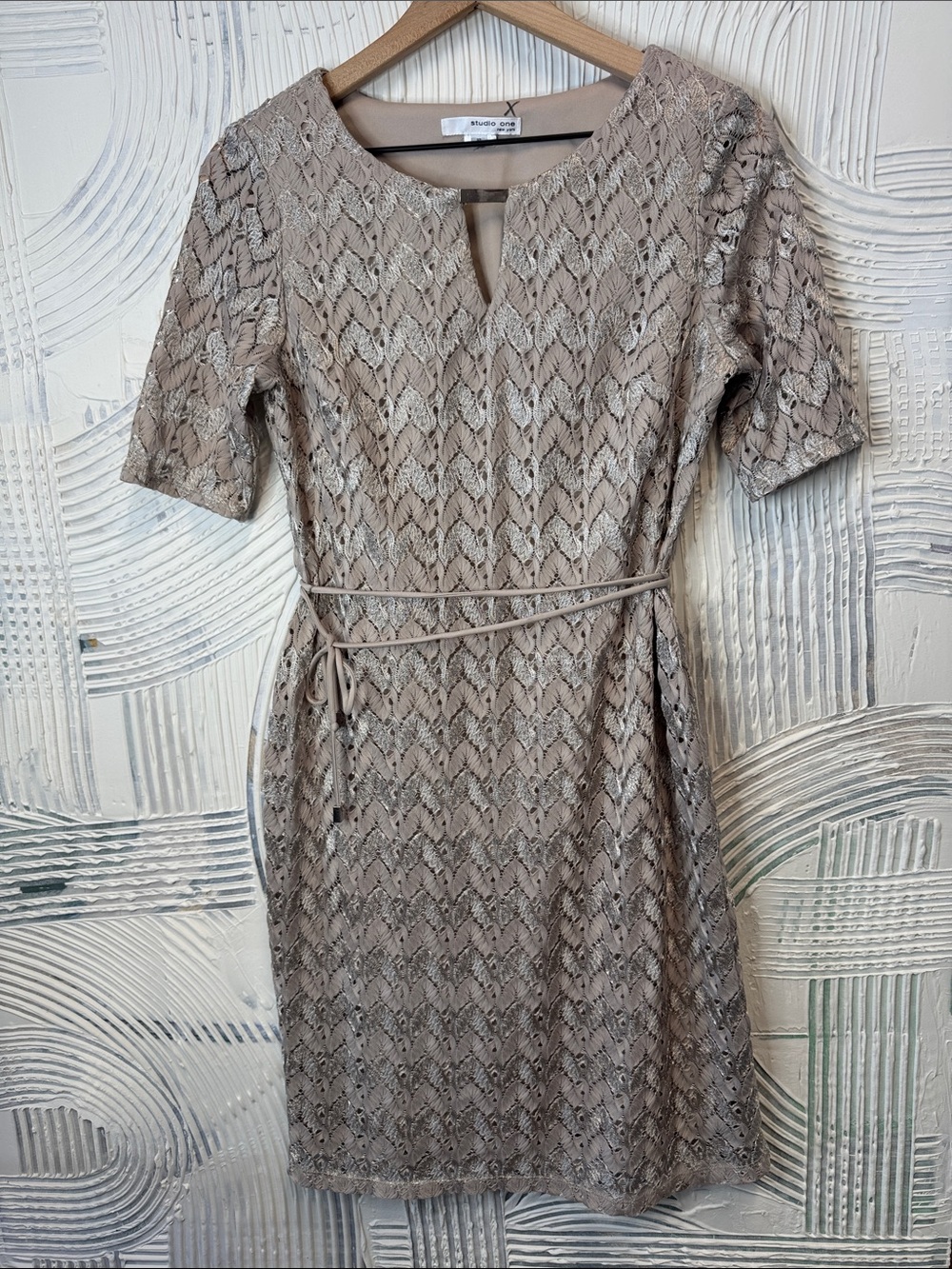 Studio One Taupe Lace Midi Dress with Waist Tie N0627